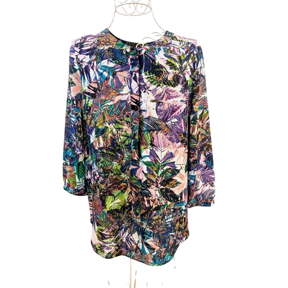 NYDJ Blouse Pleated Back Tropical Leaf Print Mandarin Collar Purple Green Pink S